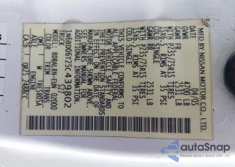 2005 Nissan Frontier Xe from USA, damaged, VIN 1N6BD06T25C439802